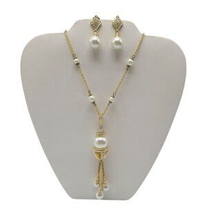 Gold Tone Faux Pearl Dangle Necklace Earrings Set With Rhinestone Accents